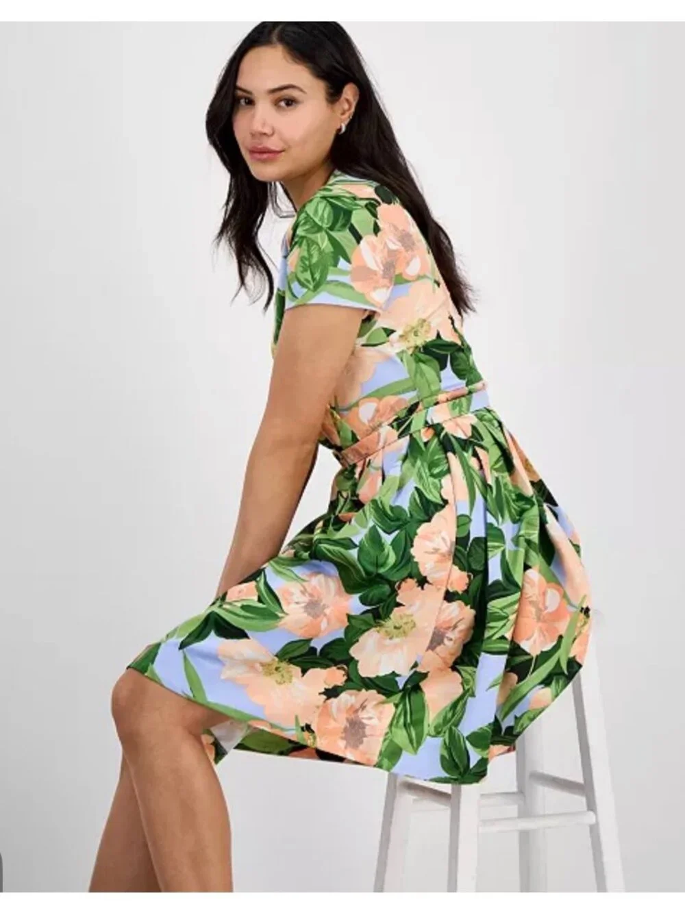 Tahari ASL Women's Floral Belted Pleated Short Sleeve Dress Size 8 - Picture 8 of 16
